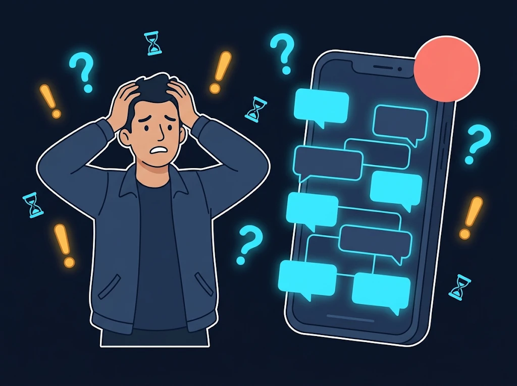 Dono de negócio com as mãos na cabeça diante de um celular transbordando de mensagens.